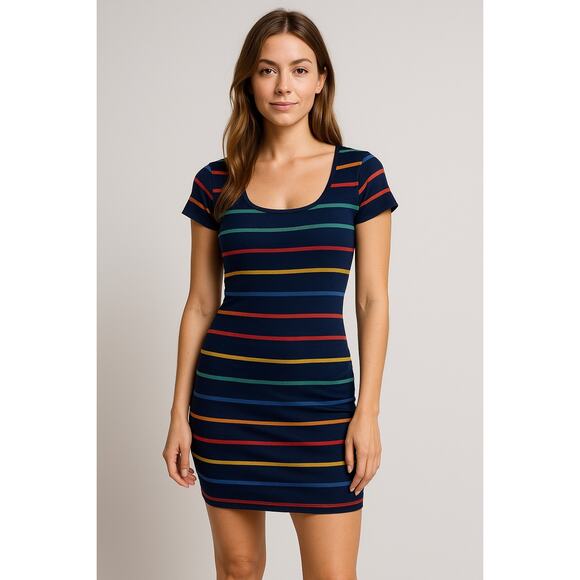Arizona multicolor rainbow Fitted Cap Sleeve short knit dress XL Bodycon Y2K - Picture 1 of 5